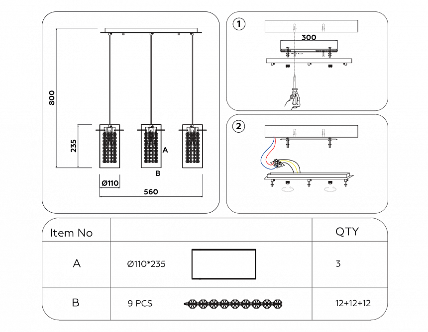 TR3663/3 GD/CL золото/прозрачный E14/3 max 40W 560*110*800